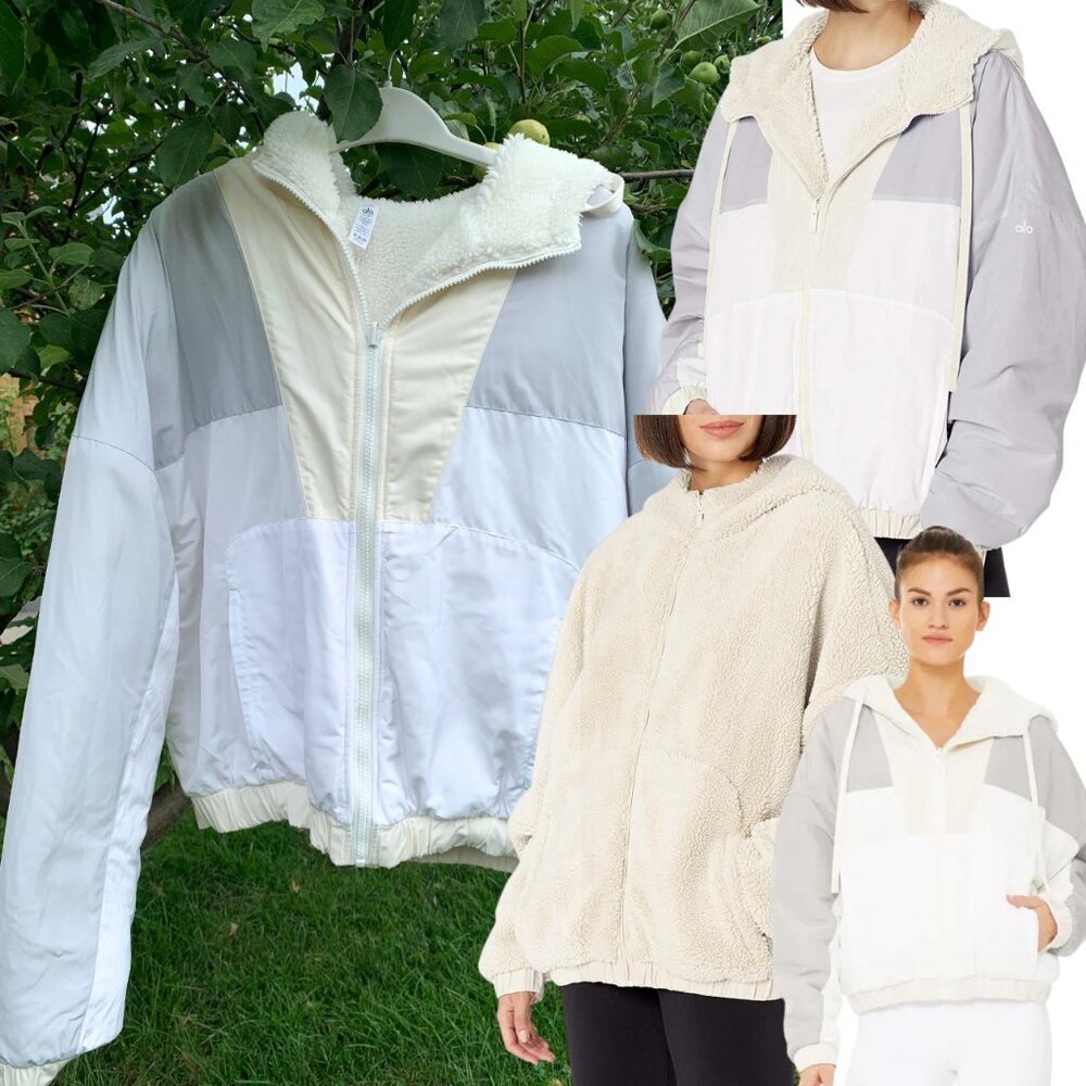 ALO YOGA Duality Reversible Sherpa Bomber Jacket, Pristine White / Dove Grey - M